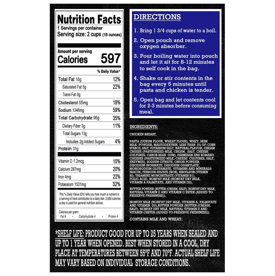 MAK D Productions Chicken Fettuccine Alfredo Pasta Freeze Dried Meal Camping Hunting Preppers Backpacking Hiking Kayaking Fishing Bag Food