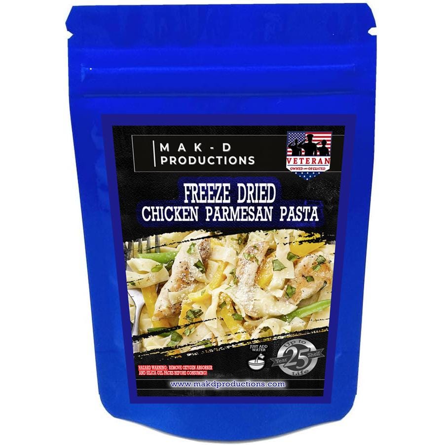 MAK D Productions Chicken Parmesan Pasta Freeze Dried Meal Camping Hunting Preppers Backpacking Hiking Kayaking Fishing Emergency Bag Food