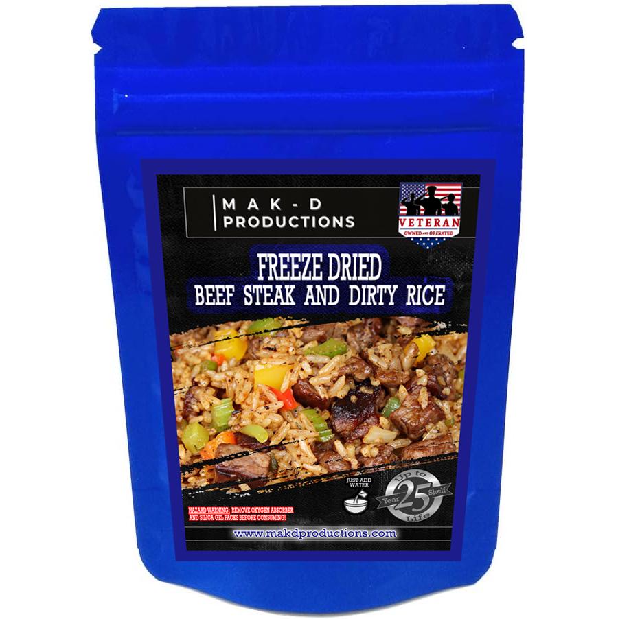 MAK D Productions Beef Steak And Dirty Rice Freeze Dried Meal Camping Hunting Preppers Backpacking Hiking Kayaking Fishing Easy Bag Food