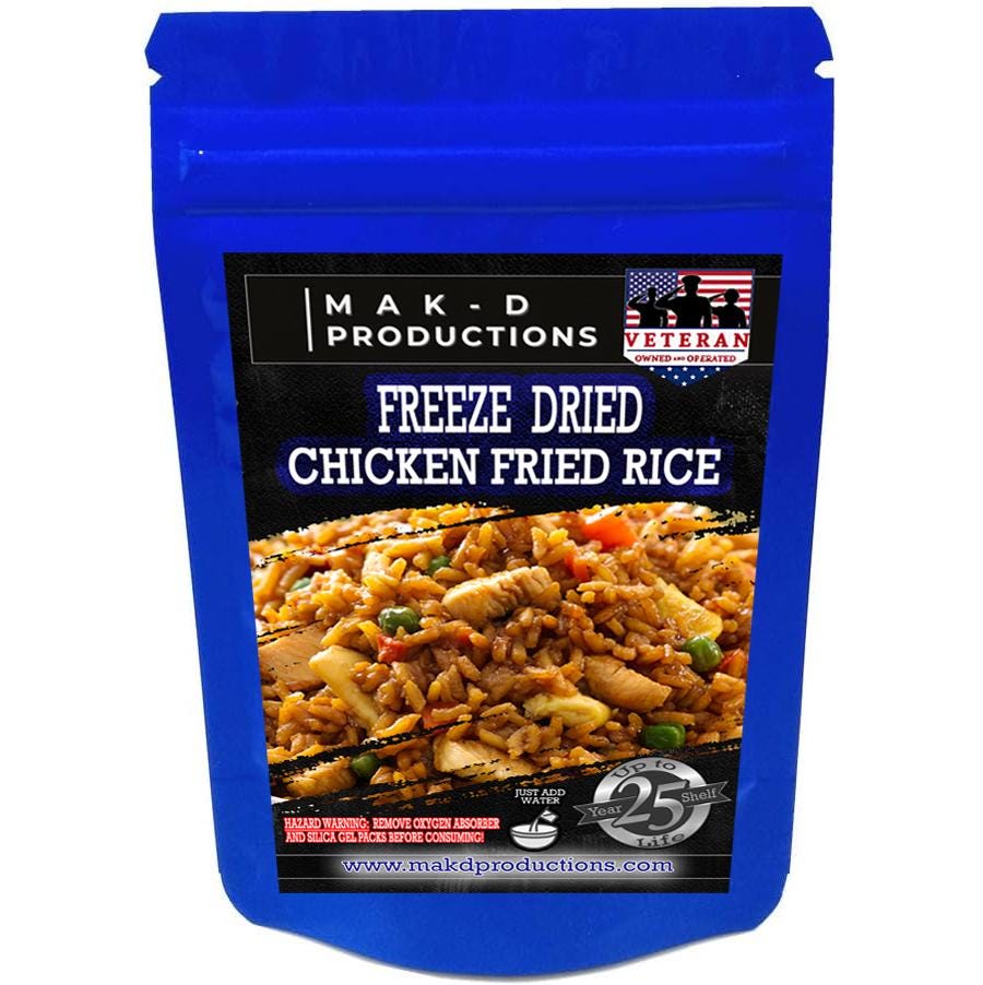 MAK D Productions Chicken Fried Rice Freeze Dried Meal Camping Hunting Preppers Backpacking Hiking Kayaking Fishing Easy Bag Food