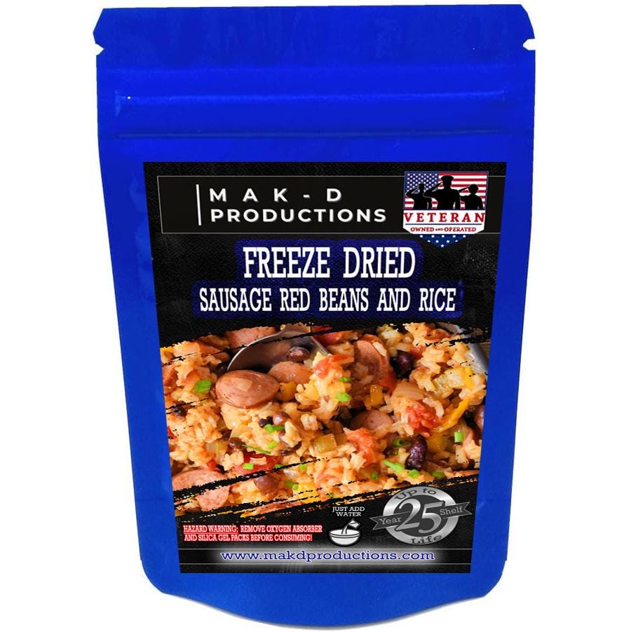 MAK D Productions Pork Sausage Red Beans and Rice Freeze Dried Meal Camping Hunting Preppers Backpacking Hiking Kayaking Fishing Bag Food