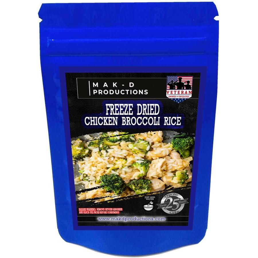 MAK D Productions Chicken, Broccoli and Rice Freeze Dried Meal Camping Hunting Prepper Backpacking Hiking Kayaking Fishing Emergency BagFood