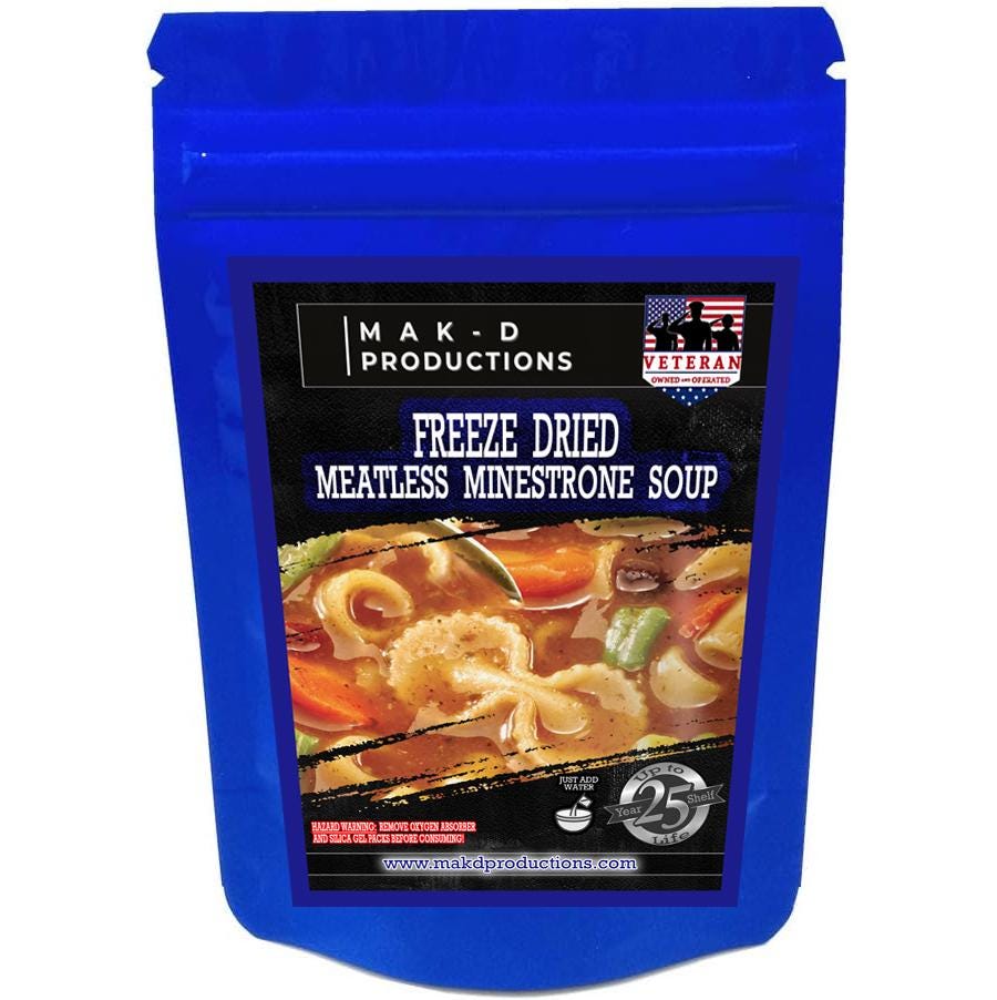 MAK D Productions Meatless Minestrone Soup Freeze Dried Meal Camping Hunting Preppers Backpacking Hiking Kayaking Fishing Bag Food