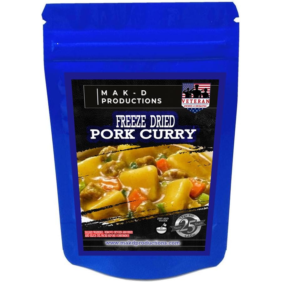 MAK D Productions Pork Sausage Curry Soup Freeze Dried Meal Camping Hunting Preppers Backpacking Hiking Kayaking Fishing Bag Food