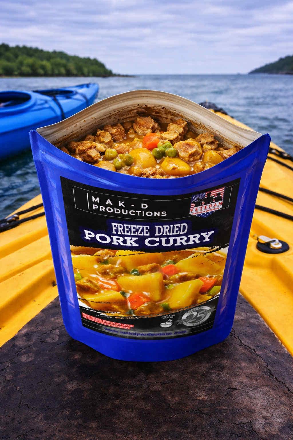 MAK D Productions Pork Sausage Curry Soup Freeze Dried Meal Camping Hunting Preppers Backpacking Hiking Kayaking Fishing Bag Food
