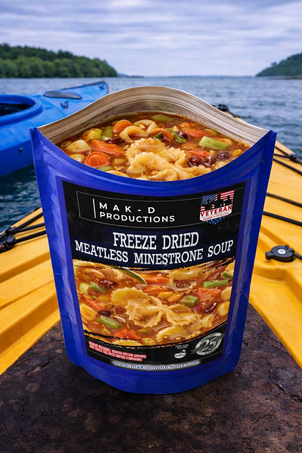MAK D Productions Meatless Minestrone Soup Freeze Dried Meal Camping Hunting Preppers Backpacking Hiking Kayaking Fishing Bag Food