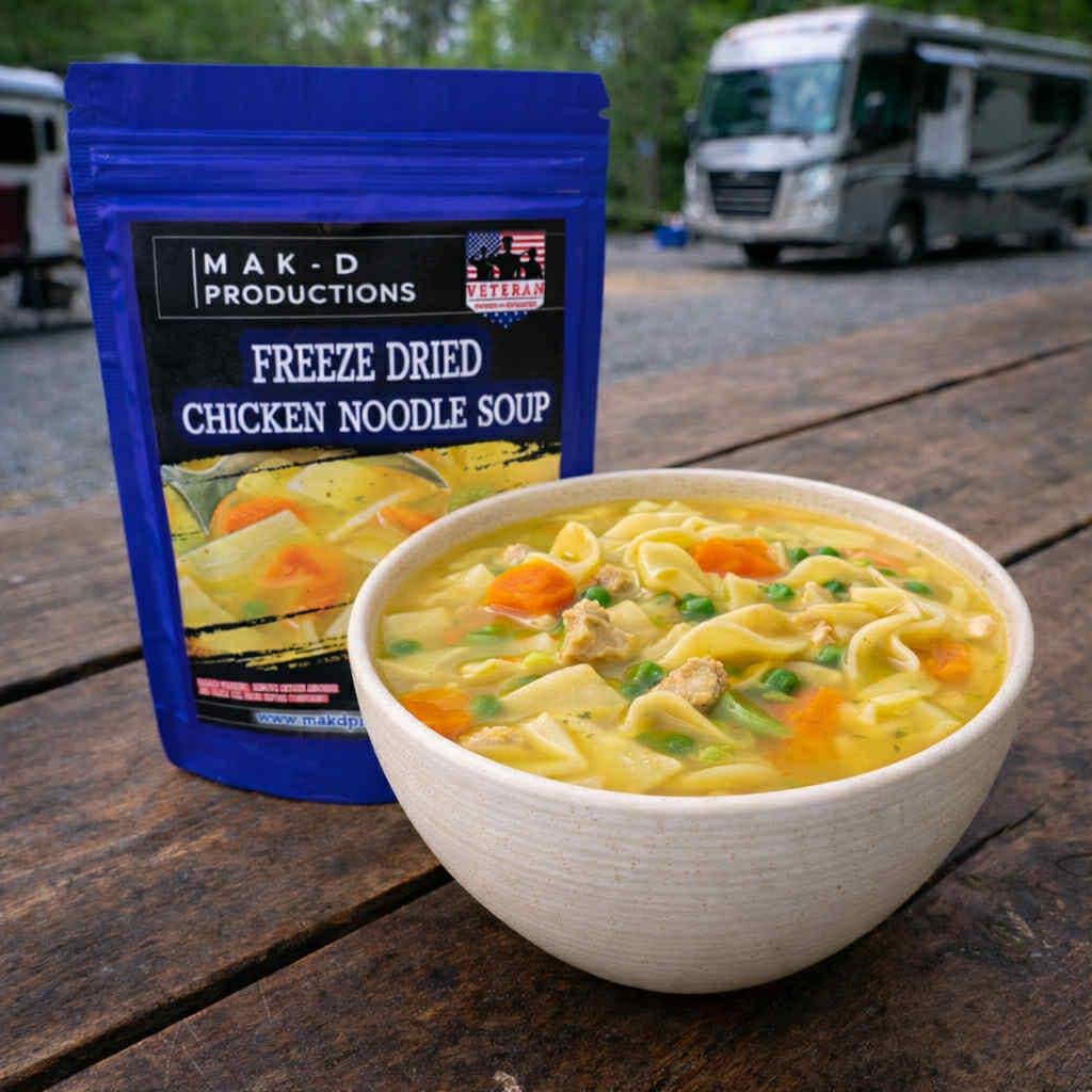 MAK D Productions Chicken Noodle Soup Freeze Dried Meal Camping Hunting Preppers Backpacking Hiking Kayaking Fishing Bag Food