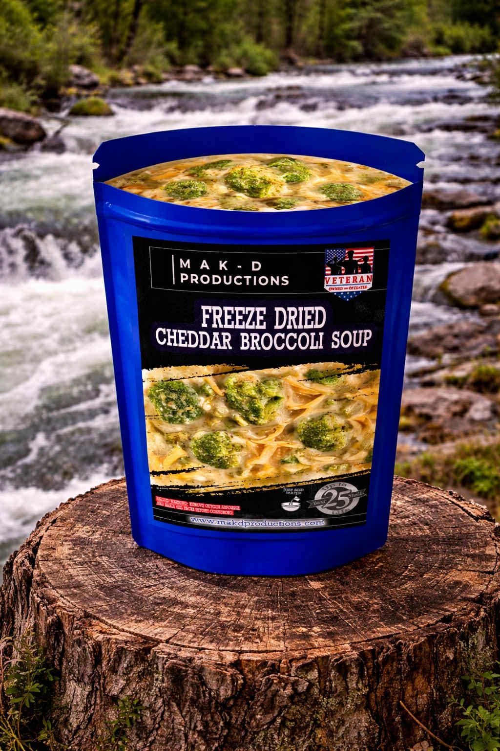MAK D Productions Meatless Cheddar Broccoli Soup Freeze Dried Meal Camping Hunting Preppers Backpacking Hiking Kayaking Fishing Bag Food