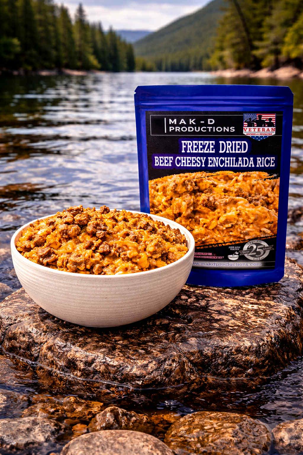 MAK D Productions Beef Cheesy Enchilada Rice Freeze Dried Meal Camping Hunting Preppers Backpacking Hiking Kayaking Fishing Easy Bag Food