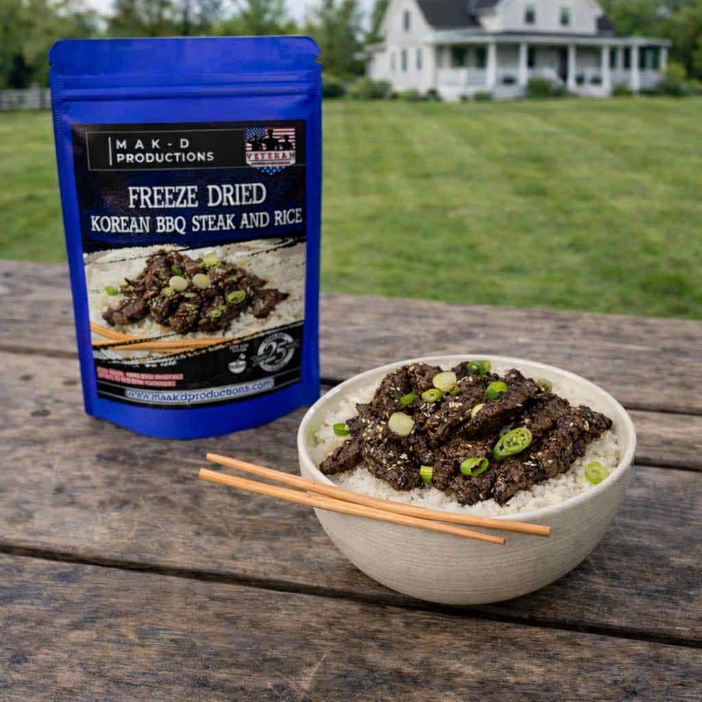 MAK D Productions Korean BBQ Beef Steak & Rice Freeze Dried Meal Camping Hunting Preppers Backpacking Hiking Kayaking Fishing Easy Bag Food
