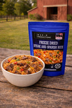 MAK D Productions Beef Steak and Spanish Rice Freeze Dried Meal Camping Hunting Preppers Backpacking Hiking Kayaking Fishing Easy Bag Food