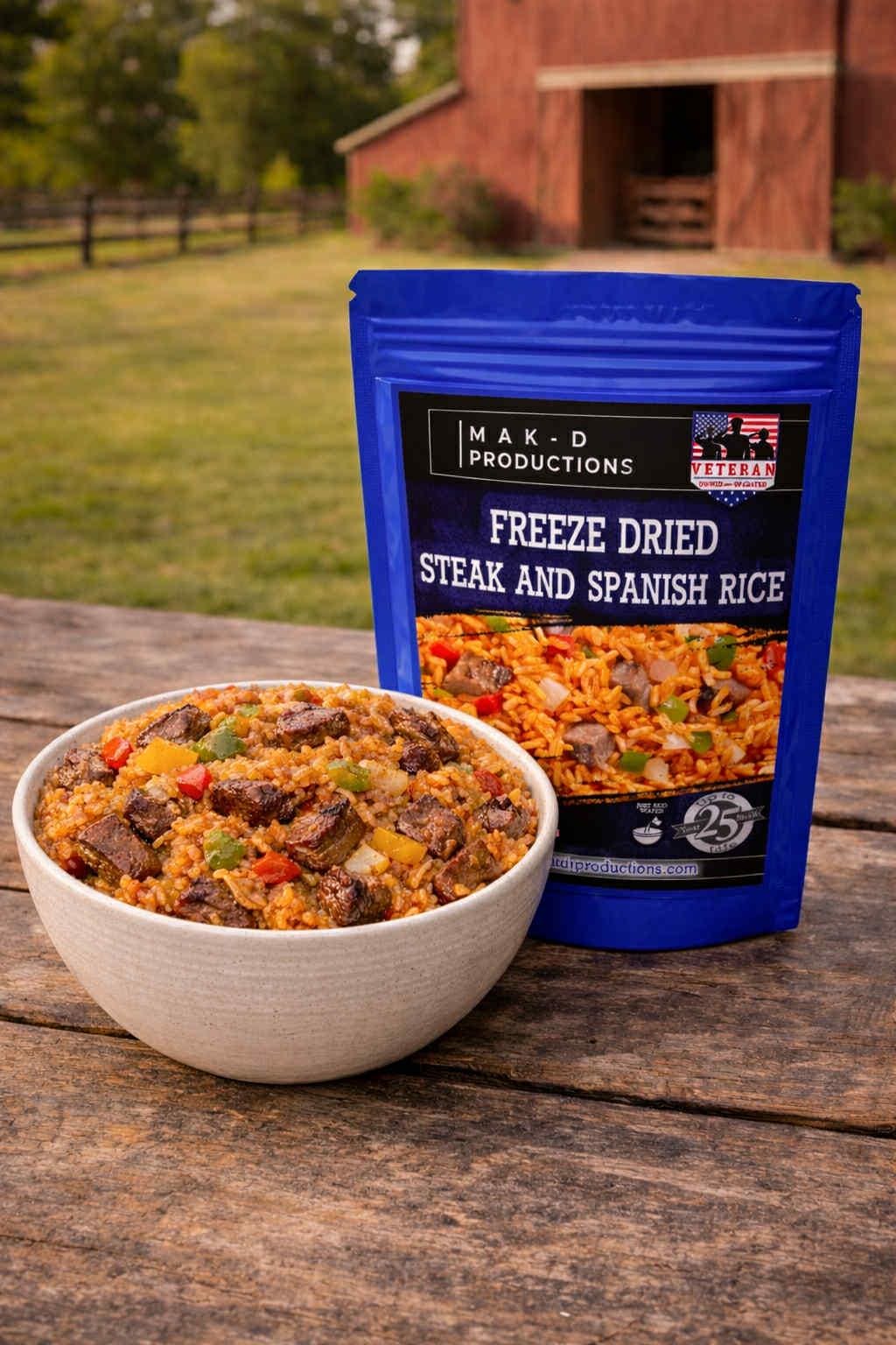 MAK D Productions Beef Steak and Spanish Rice Freeze Dried Meal Camping Hunting Preppers Backpacking Hiking Kayaking Fishing Easy Bag Food