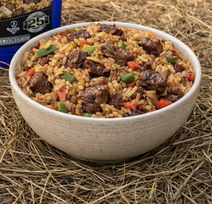 MAK D Productions Beef Steak And Dirty Rice Freeze Dried Meal Camping Hunting Preppers Backpacking Hiking Kayaking Fishing Easy Bag Food