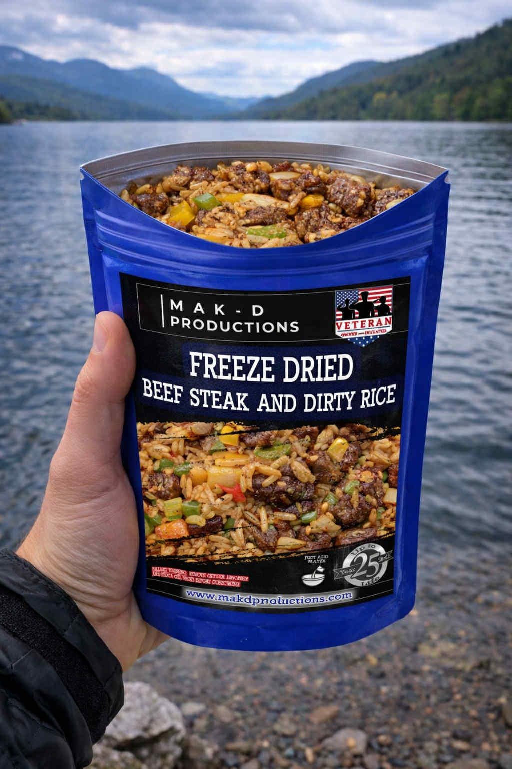 MAK D Productions Beef Steak And Dirty Rice Freeze Dried Meal Camping Hunting Preppers Backpacking Hiking Kayaking Fishing Easy Bag Food