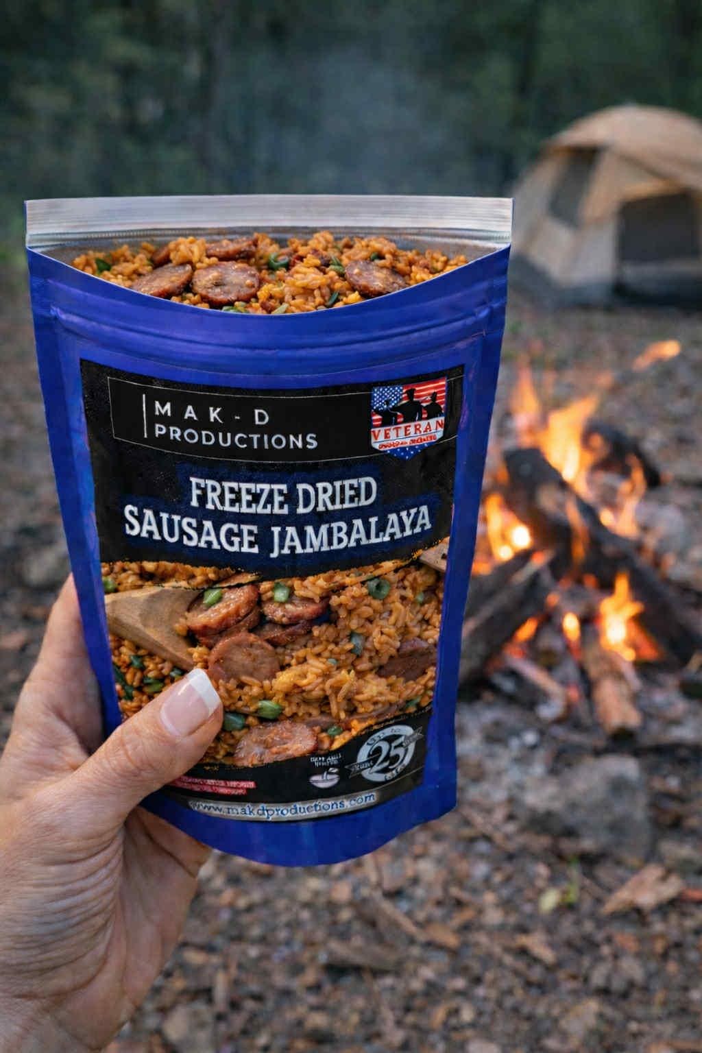 MAK D Productions Pork Sausage Jambalaya Rice Freeze Dried Meal Camping Hunting Preppers Backpacking Hiking Kayaking Fishing Bag Food