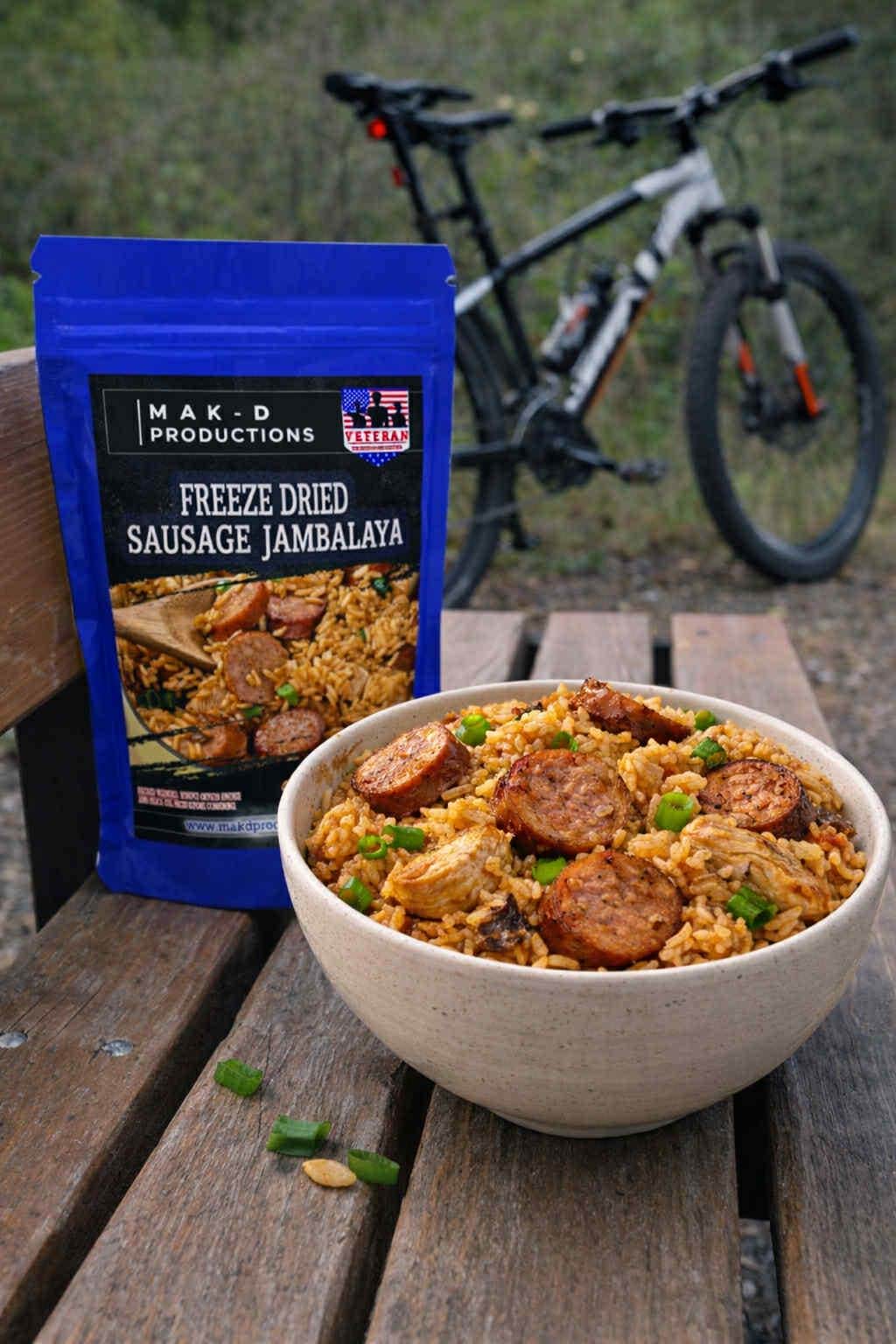 MAK D Productions Pork Sausage Jambalaya Rice Freeze Dried Meal Camping Hunting Preppers Backpacking Hiking Kayaking Fishing Bag Food