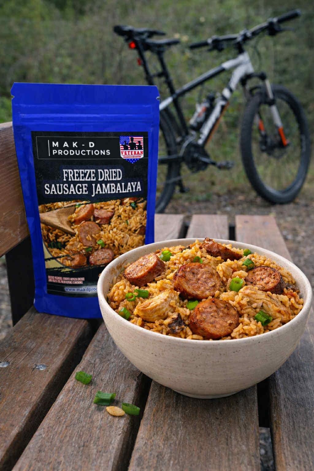 MAK D Productions Pork Sausage Jambalaya Rice Freeze Dried Meal Camping Hunting Preppers Backpacking Hiking Kayaking Fishing Bag Food