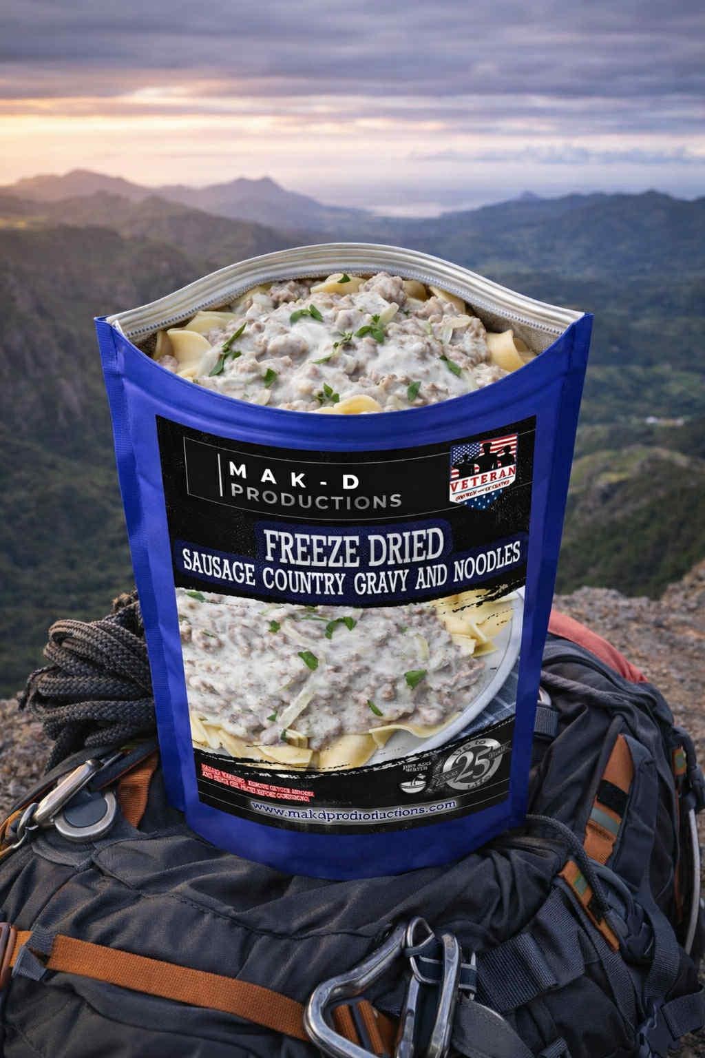 MAK D Productions Pork Sausage Gravy & Noodles Freeze Dried Meal Camping Hunting Preppers Backpacking Hiking Kayaking Fishing Easy Bag Food