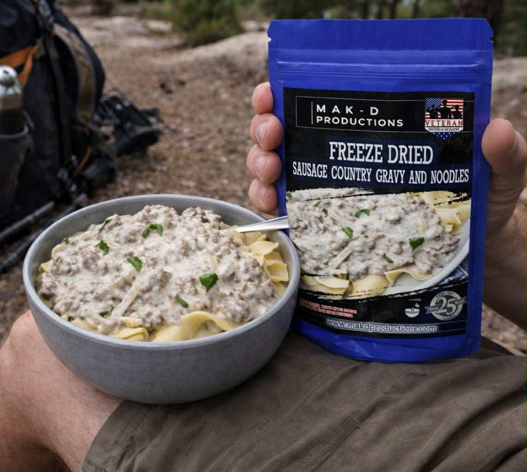 MAK D Productions Pork Sausage Gravy & Noodles Freeze Dried Meal Camping Hunting Preppers Backpacking Hiking Kayaking Fishing Easy Bag Food