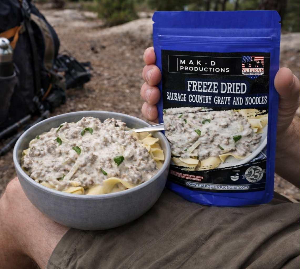 MAK D Productions Pork Sausage Gravy & Noodles Freeze Dried Meal Camping Hunting Preppers Backpacking Hiking Kayaking Fishing Easy Bag Food