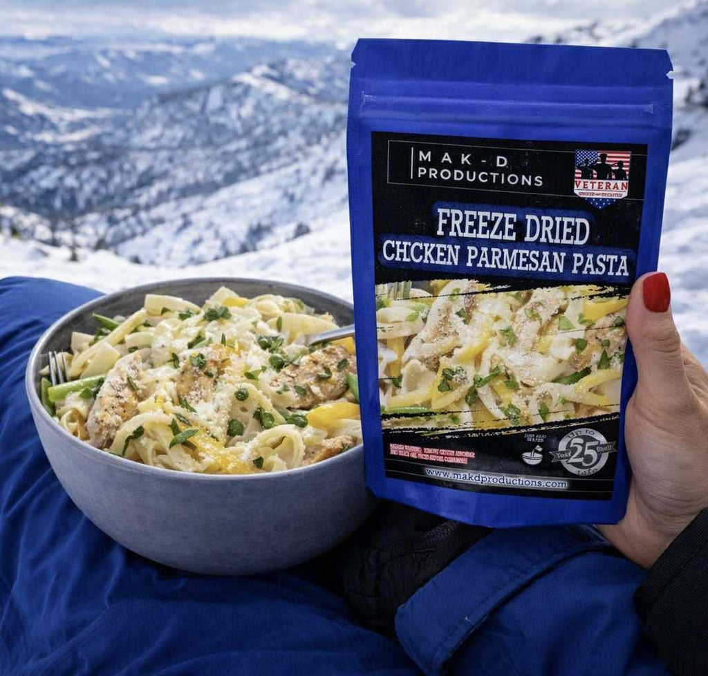 MAK D Productions Chicken Parmesan Pasta Freeze Dried Meal Camping Hunting Preppers Backpacking Hiking Kayaking Fishing Emergency Bag Food