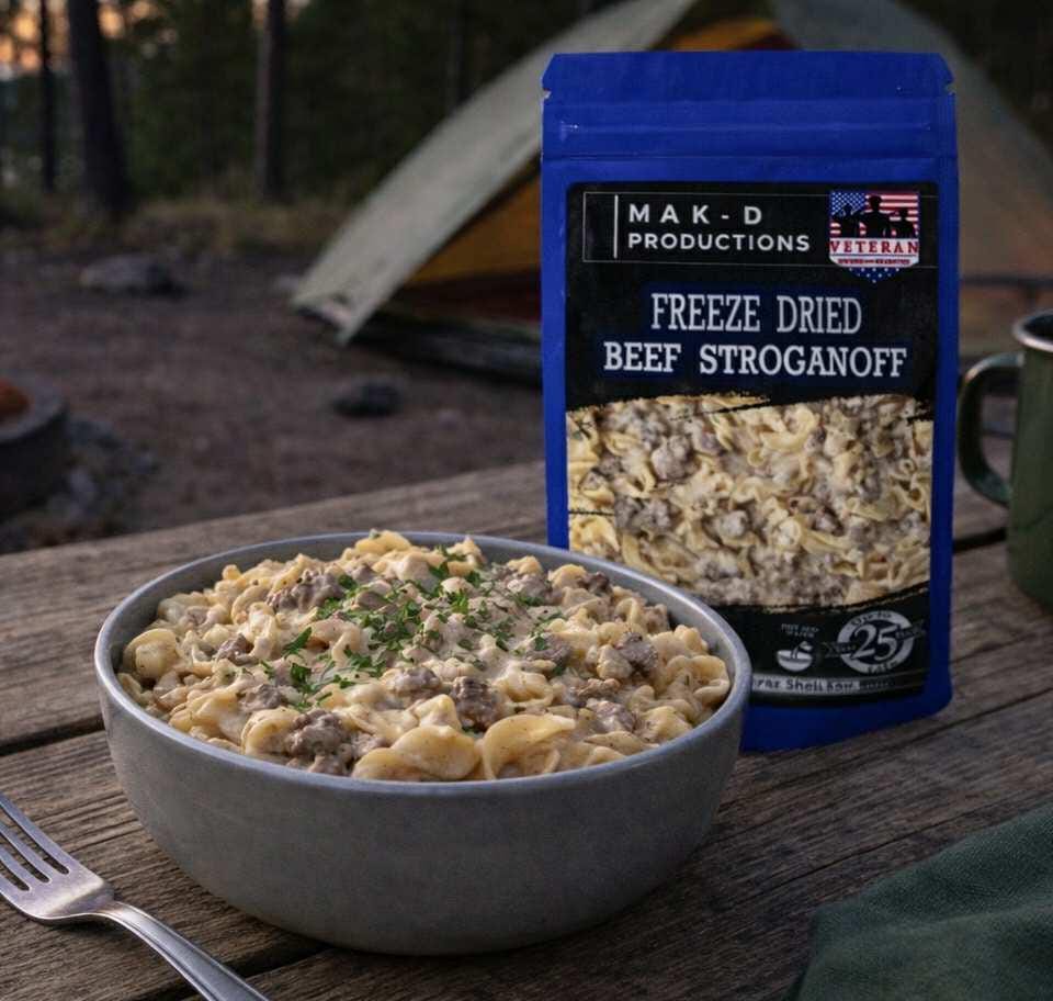 MAK D Productions Beef Pasta Stroganoff Freeze Dried Meal Camping Hunting Prep Backpacking Hiking Kayaking Fishing Emergency Easy Bag Food