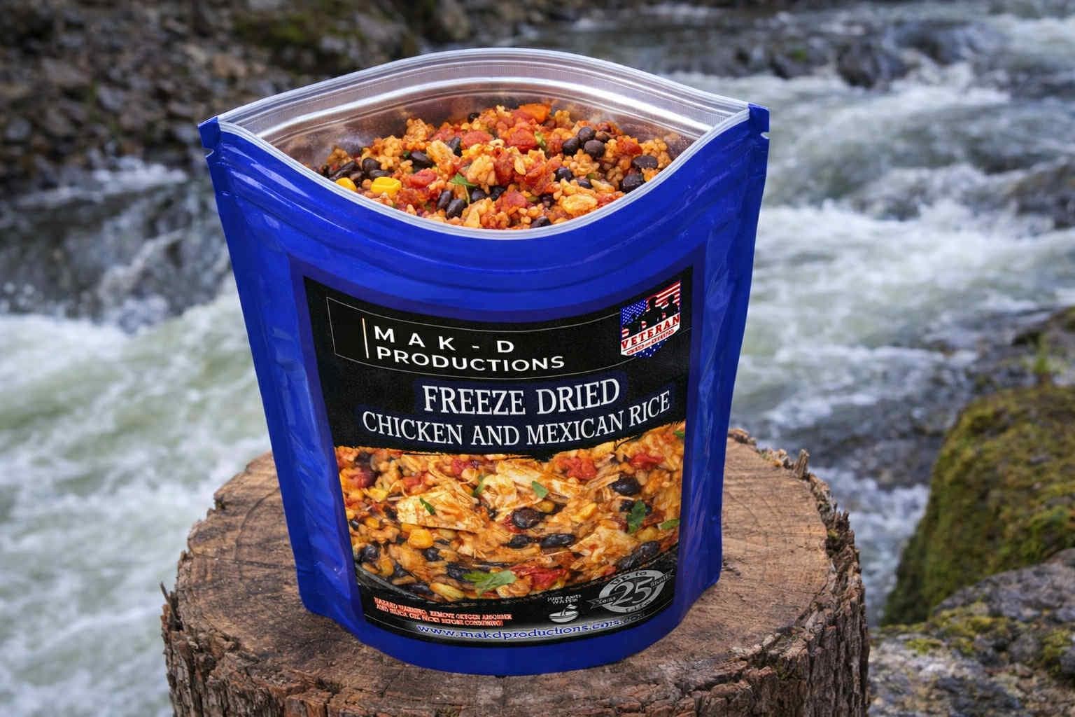 MAK D Productions Chicken & Mexican - Rice Black Beans, Corn, Peppers and Rice Freeze Dried Meal Camping Hunting Preppers Backpacking Hiking