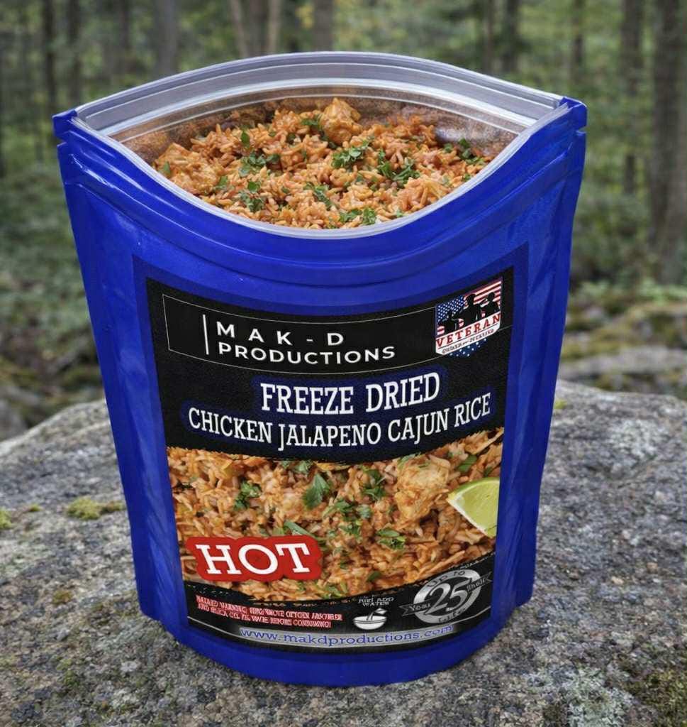 MAK D Productions Chicken Jalapeno Cajun Rice (HOT) Freeze Dried Meal Camping Hunting Preppers Backpacking Hiking Kayaking Fishing Bag Food