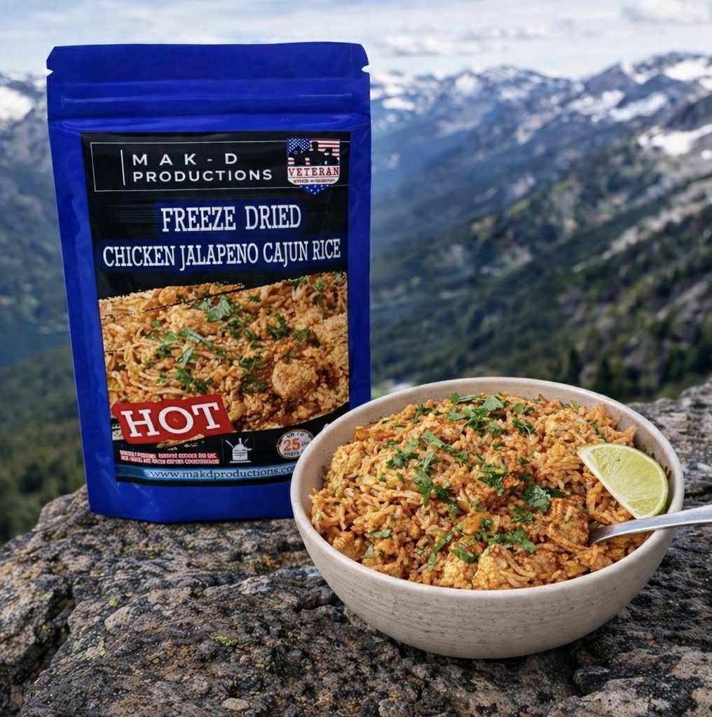 MAK D Productions Chicken Jalapeno Cajun Rice (HOT) Freeze Dried Meal Camping Hunting Preppers Backpacking Hiking Kayaking Fishing Bag Food