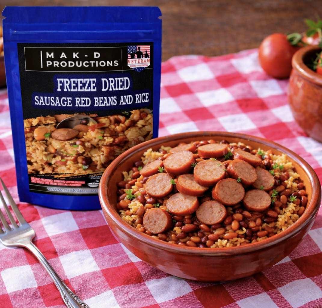 MAK D Productions Pork Sausage Red Beans and Rice Freeze Dried Meal Camping Hunting Preppers Backpacking Hiking Kayaking Fishing Bag Food