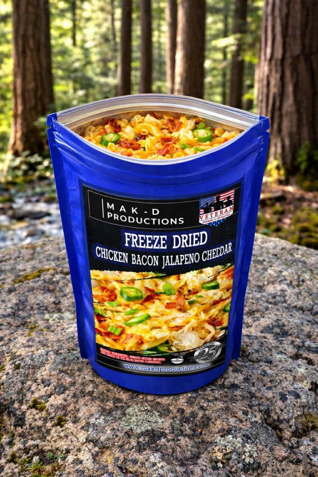 MAK D Productions Chicken Bacon Jalapeno Cheddar Macaroni (HOT) Freeze Dried Meal Camping Hunting Preppers Backpacking Hiking Kayaking Food