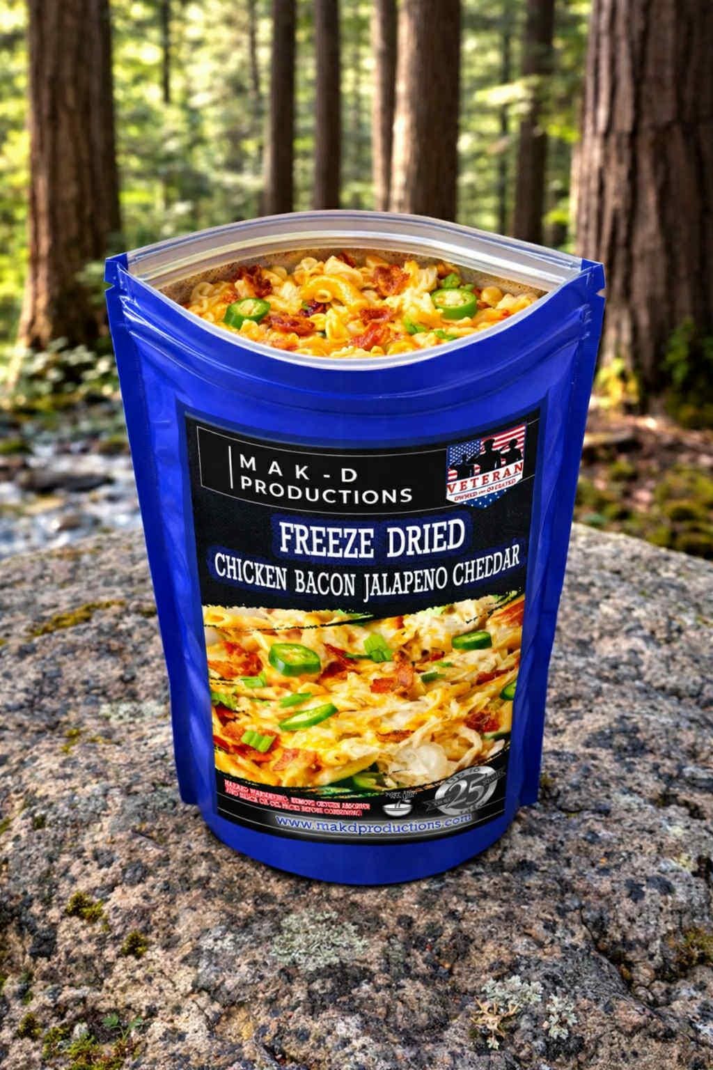 MAK D Productions Chicken Bacon Jalapeno Cheddar Macaroni (HOT) Freeze Dried Meal Camping Hunting Preppers Backpacking Hiking Kayaking Food