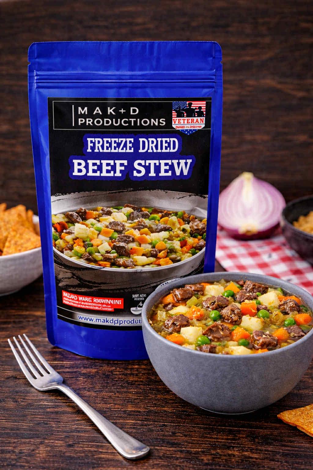 MAK D Productions Beef Stew Freeze Dried Meal Camping Hunting Preppers Backpacking Hiking Kayaking Fishing Emergency Prep Easy Bag Food