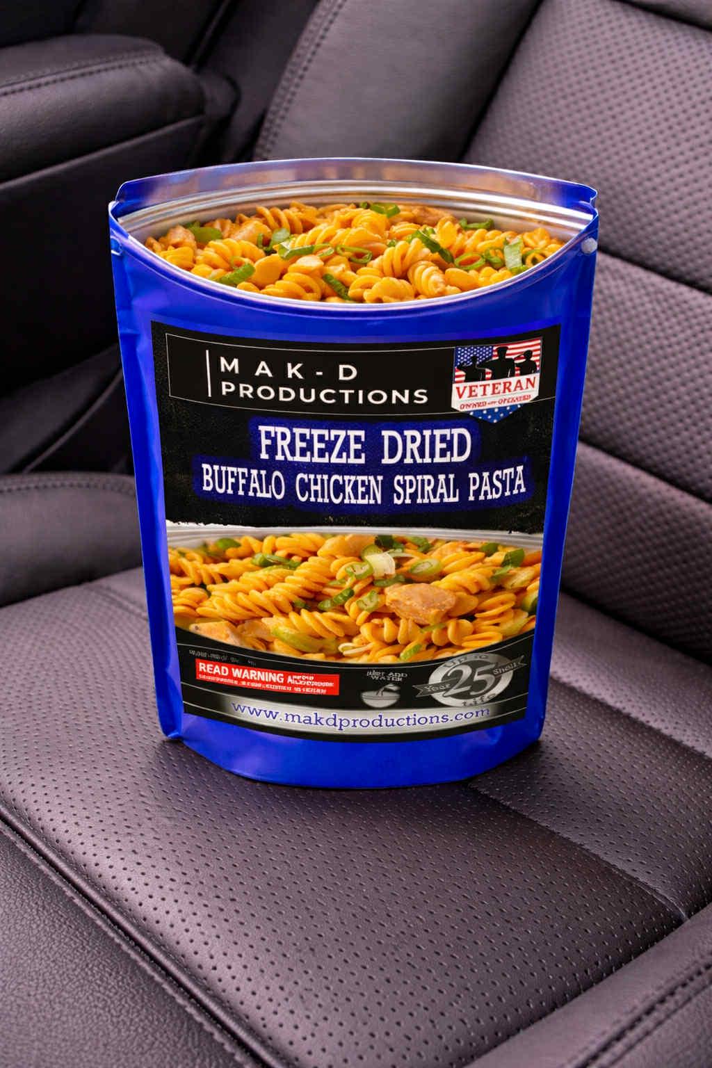 MAK D Productions Buffalo Chicken Spiral Pasta Freeze Dried Meal Camping Hunting Preppers Backpacking Hiking Kayaking Fishing Easy Bag Food
