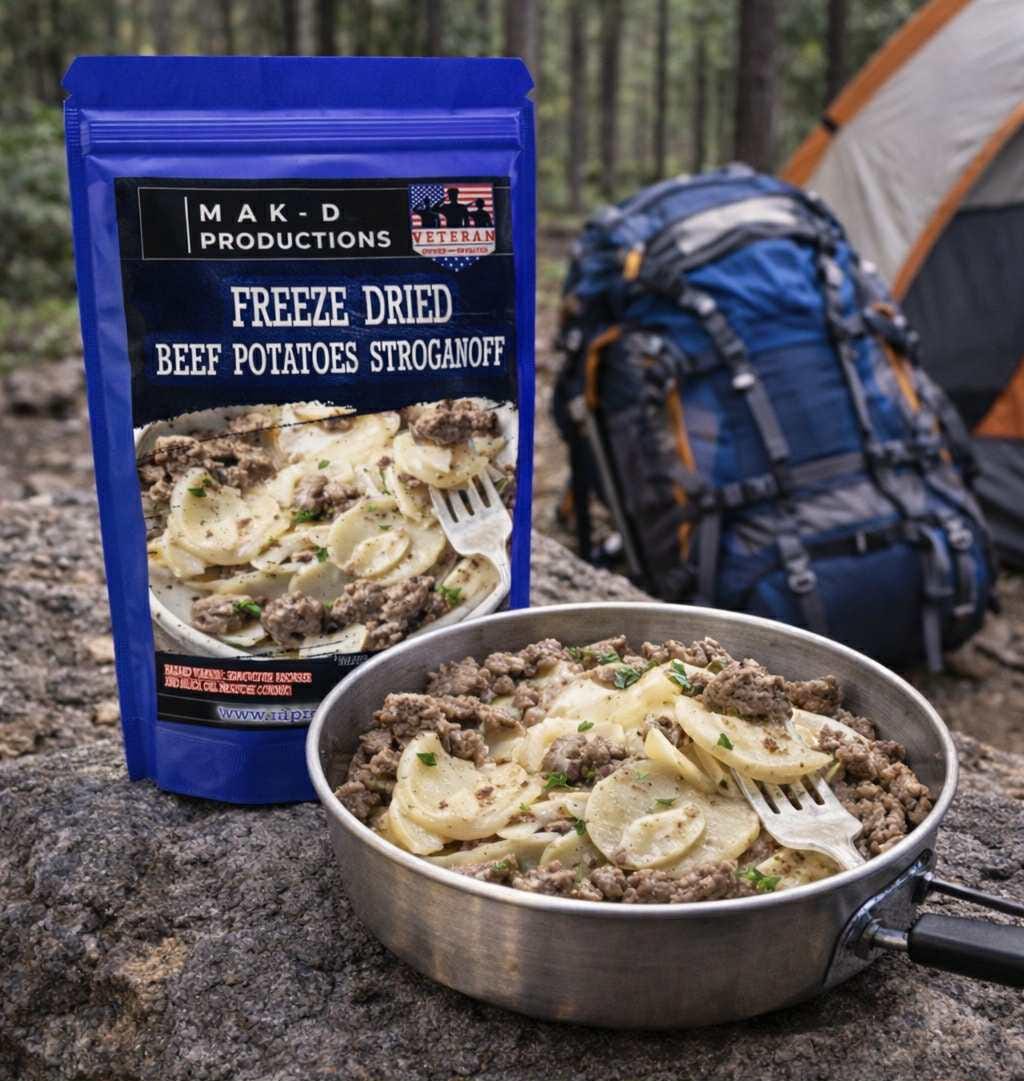 MAK D Productions Beef Pasta Potatoes Stroganoff Freeze Dried Meal Camping Hunting Prepper Backpacking Hiking Kayaking Fishing Easy Bag Food