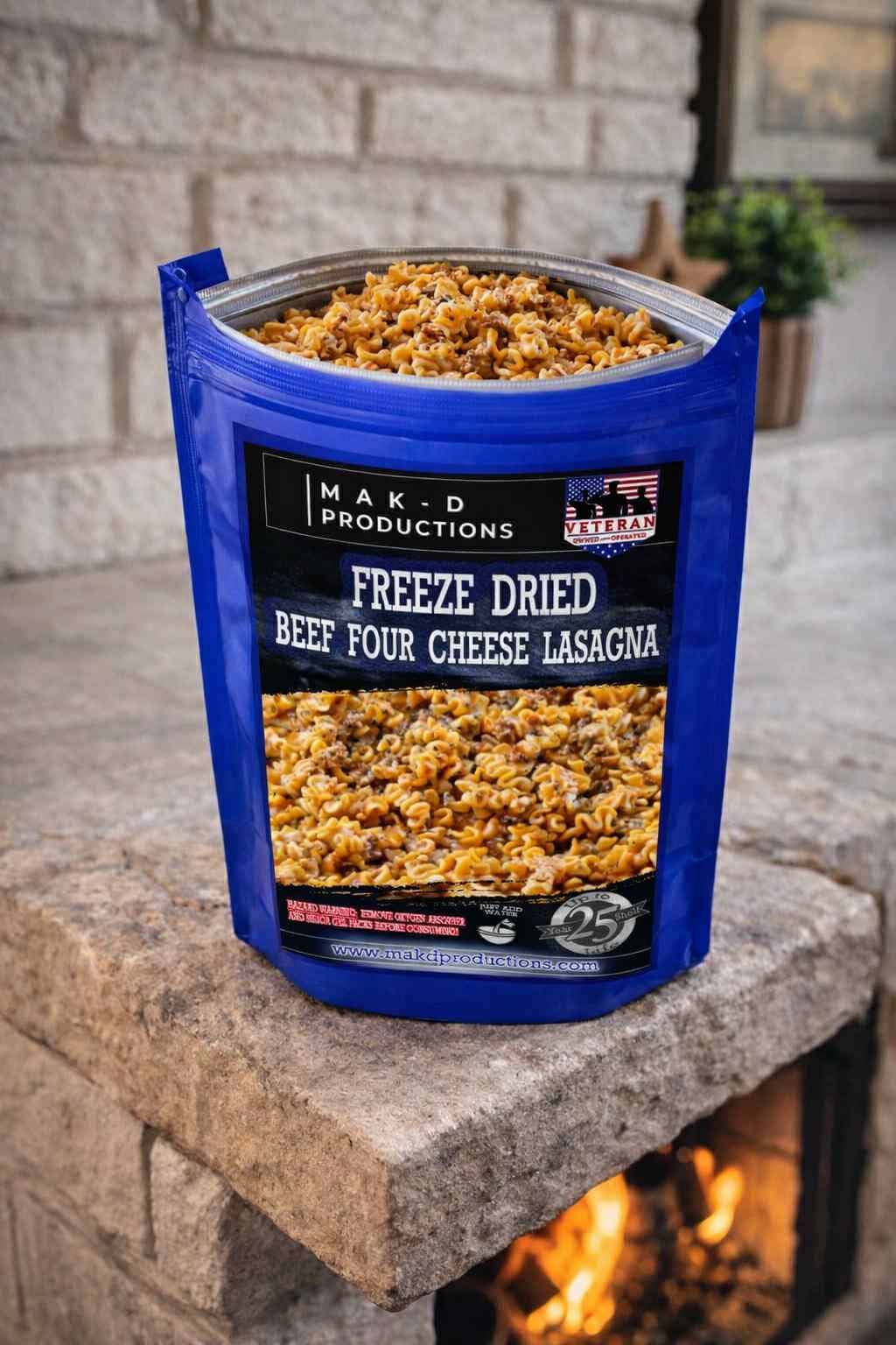 MAK D Productions Beef Four Cheese Lasagna Freeze Dried Meal Camping Hunting Preppers Backpacking Hiking Kayaking Fishing Easy Bag Food