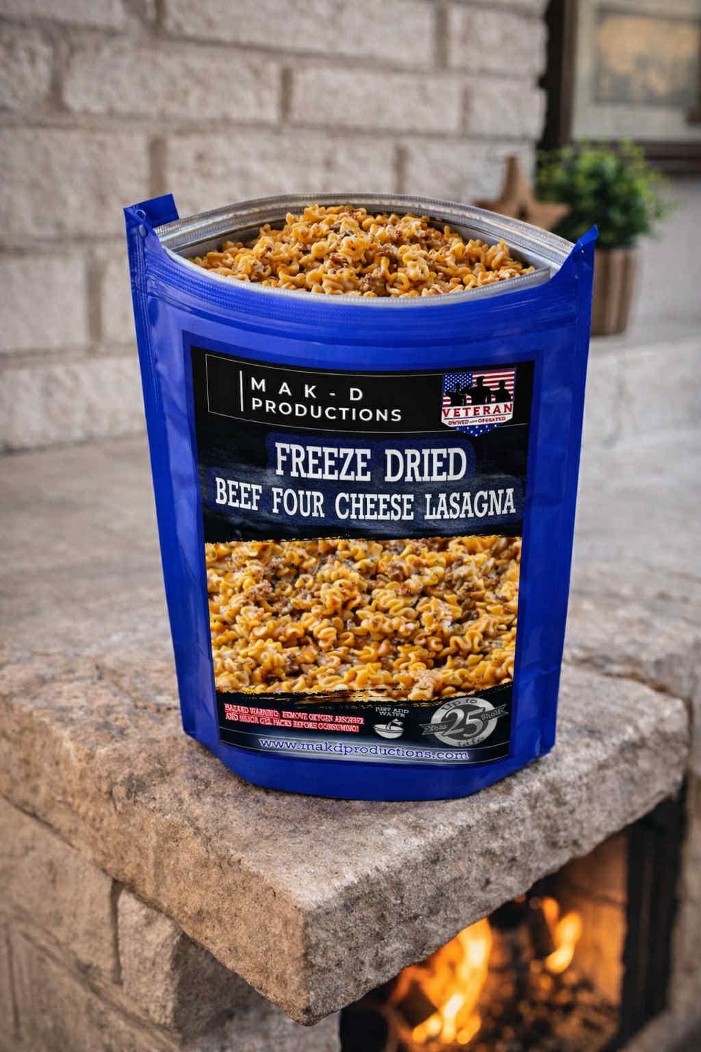 MAK D Productions Beef Four Cheese Lasagna Freeze Dried Meal Camping Hunting Preppers Backpacking Hiking Kayaking Fishing Easy Bag Food
