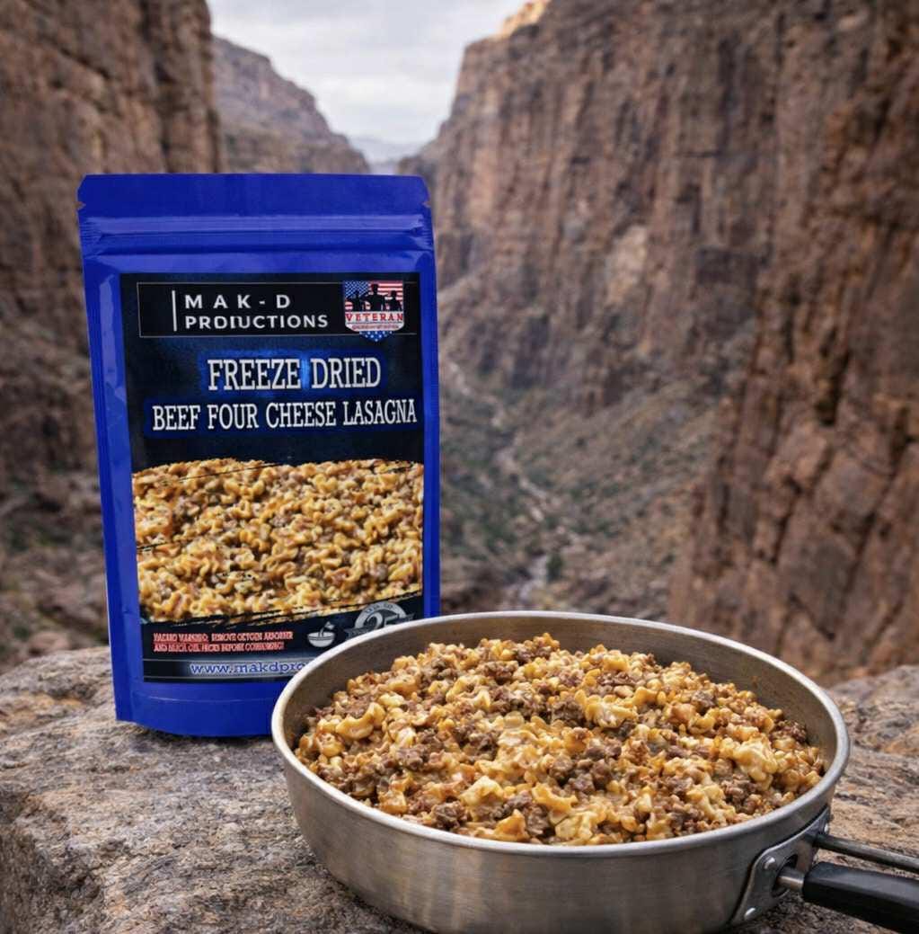 MAK D Productions Beef Four Cheese Lasagna Freeze Dried Meal Camping Hunting Preppers Backpacking Hiking Kayaking Fishing Easy Bag Food