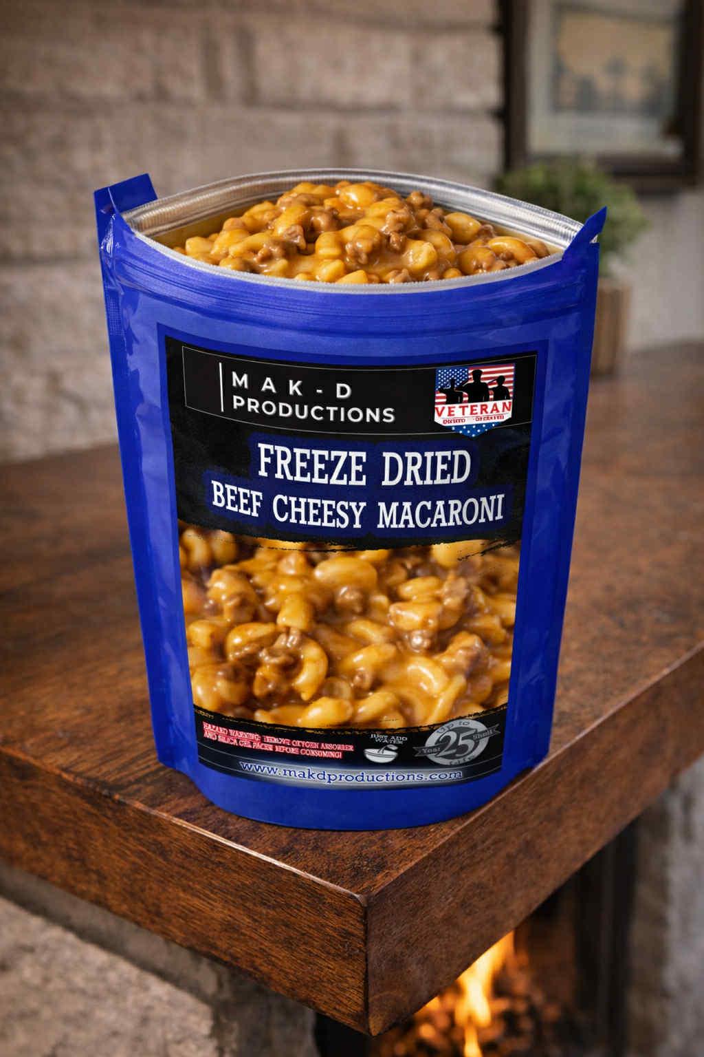 MAK D Productions Beefy Cheesy Macaroni Freeze Dried Meal Camping Hunting Preppers Backpacking Hiking Kayaking Fishing Easy Bag Food