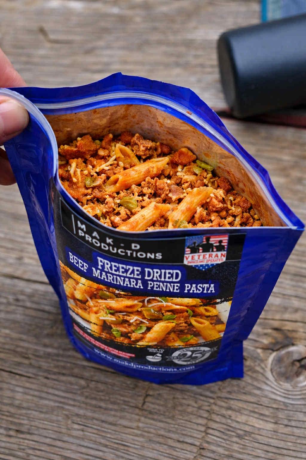 MAK D Productions Beef Marinara Penne Pasta Freeze Dried Meal Camping Hunting Preppers Backpacking Hiking Kayaking Fishing Easy Bag Meal