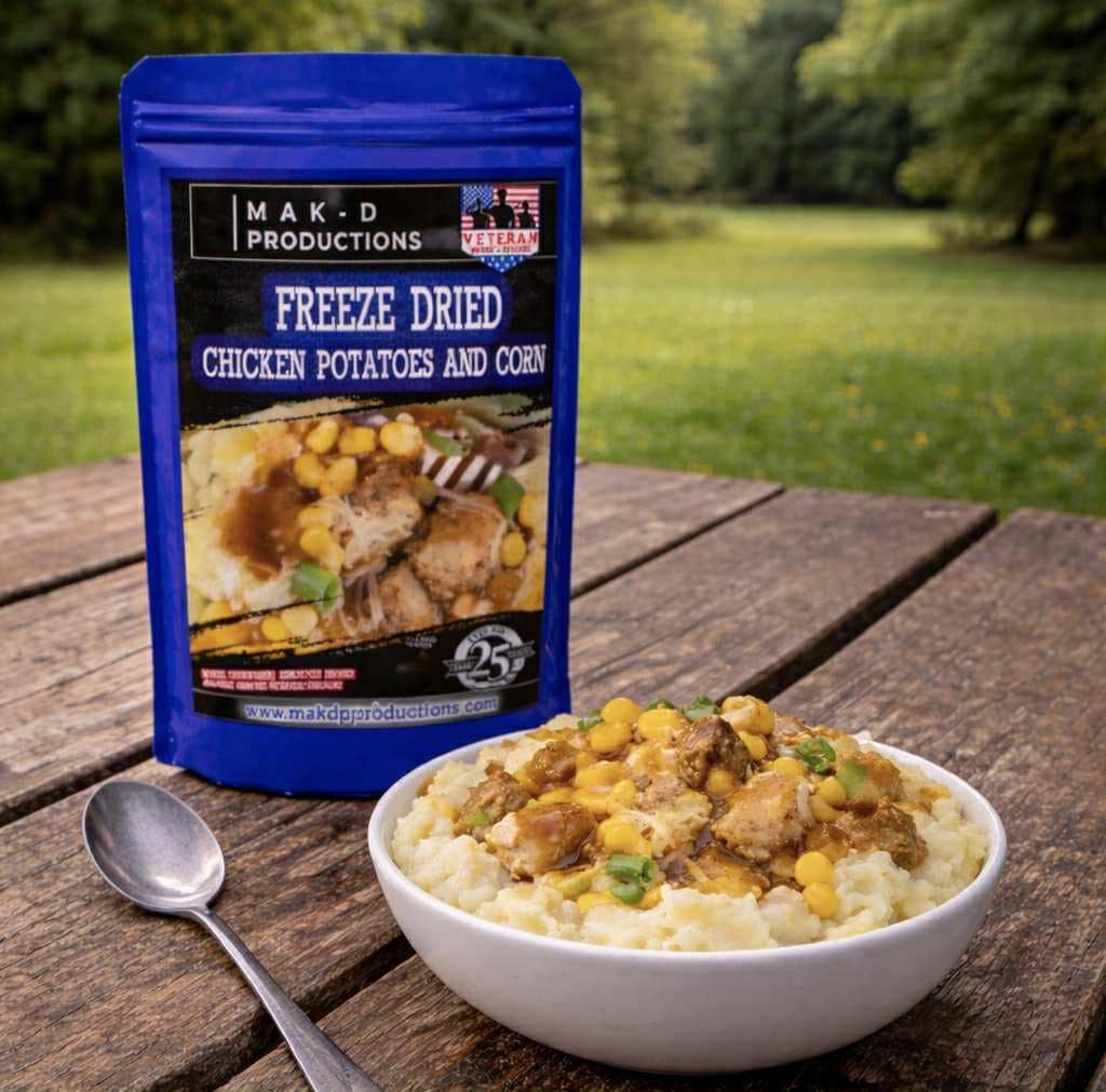 MAK D Productions Chicken and Corn In Mashed Potatoes Freeze Dried Meal Camping Hunting Preppers Backpacking Hiking Kayaking Easy Bag Meal