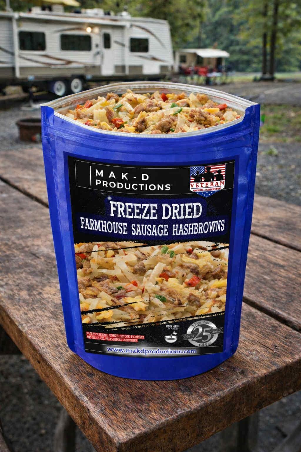 MAK D Productions Sausage Farmhouse Hashbrowns w/ Peppers & Onions Freeze Dried Meal Camping Hunting Preppers Backpacking Hiking Breakfast