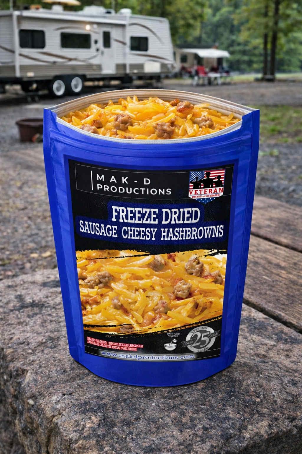 MAK D Productions Pork  Sausage Cheesy Hashbrowns Freeze Dried Meal Camping Hunting Preppers Kayaking Backpacking Hiking Breakfast Bag Food