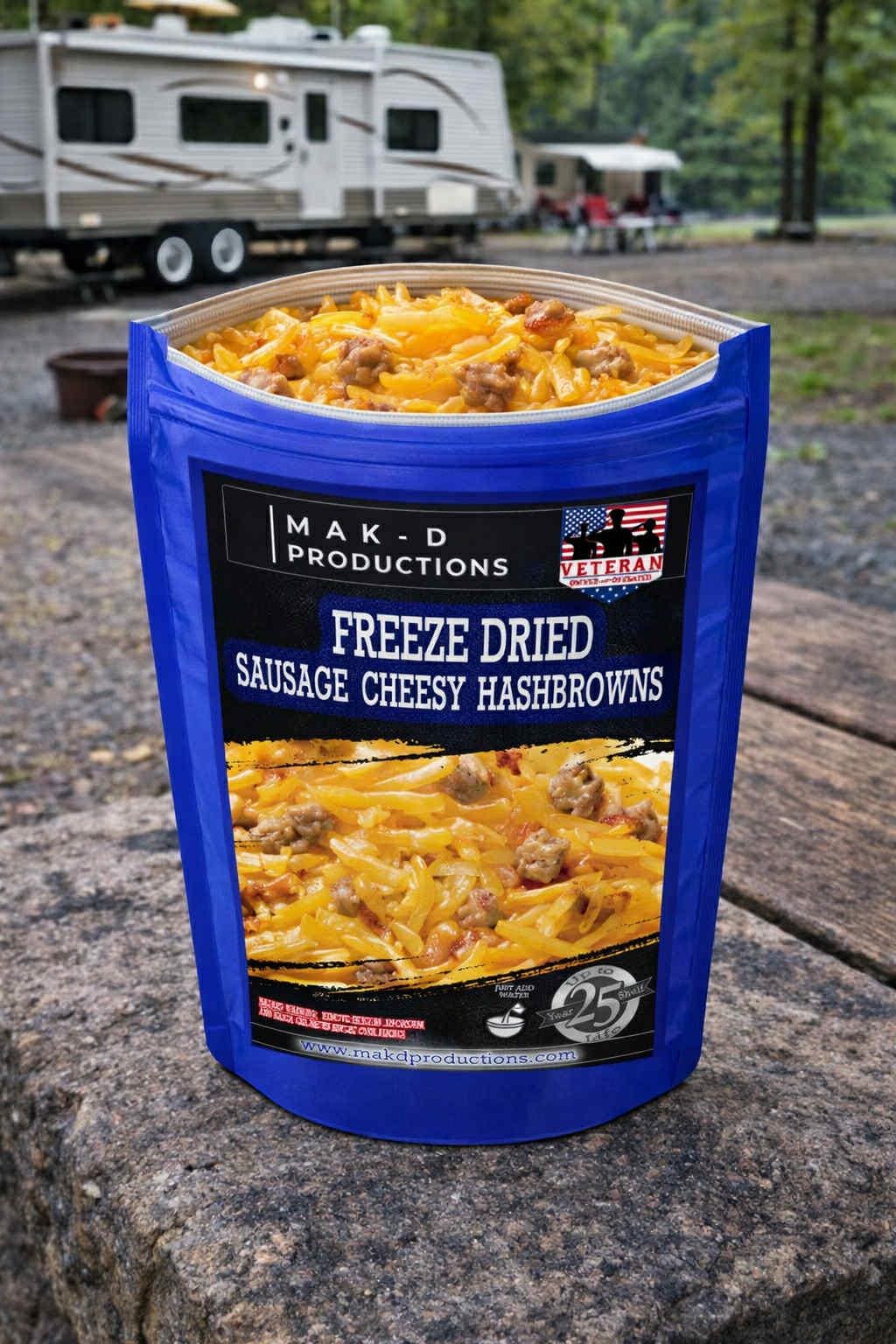 MAK D Productions Pork  Sausage Cheesy Hashbrowns Freeze Dried Meal Camping Hunting Preppers Kayaking Backpacking Hiking Breakfast Bag Food