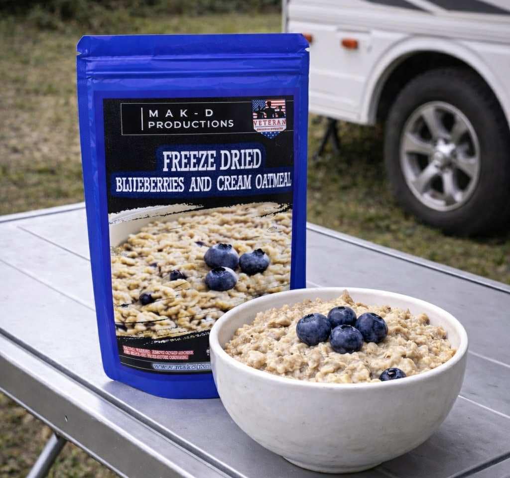 MAK D Productions Blueberries and Cream Oatmeal Freeze Dried Meal Camping Hunting Preppers Kayaking Backpacking Hiking Breakfast Bag Food