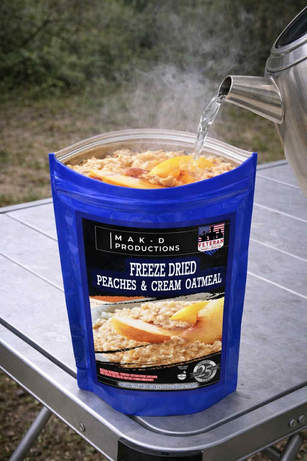 MAK D Productions Peaches and Cream Oatmeal Freeze Dried Meal Camping Hunting Preppers Kayaking Backpacking Hiking Breakfast Easy Bag Food