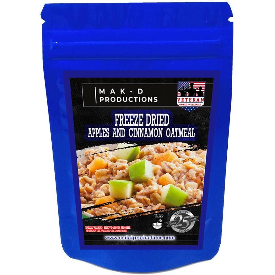 MAK D Productions Apples & Cinnamon Oatmeal Freeze Dried Meal Camping Hunting Preppers Kayaking Backpacking Hiking Breakfast Easy Bag Food