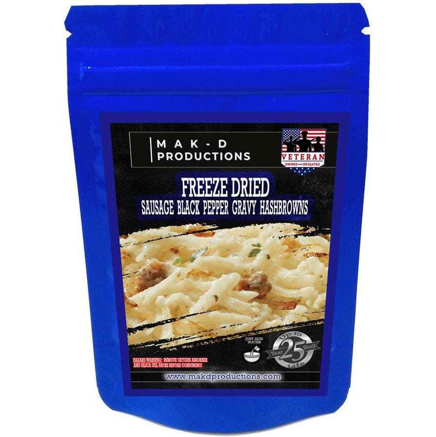 MAK D Productions Pork Sausage Gravy Hashbrowns Freeze Dried Meal Camping Hunting Preppers Kayaking Backpacking Hiking Breakfast Bag Food