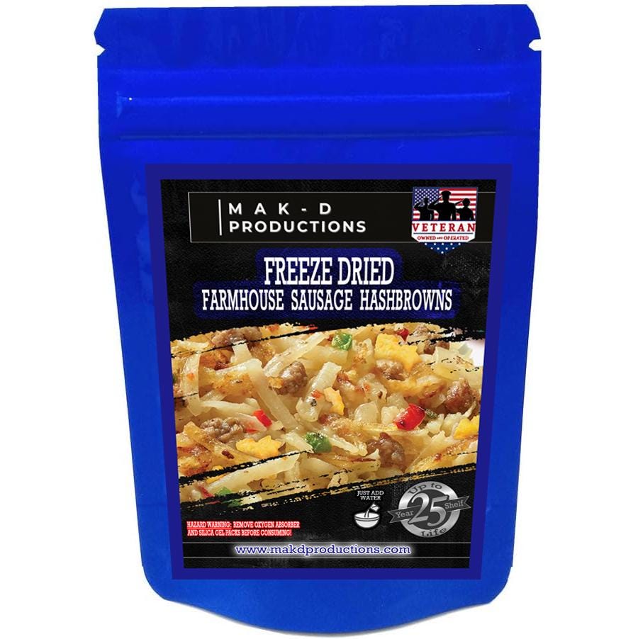 MAK D Productions Sausage Farmhouse Hashbrowns w/ Peppers & Onions Freeze Dried Meal Camping Hunting Preppers Backpacking Hiking Breakfast