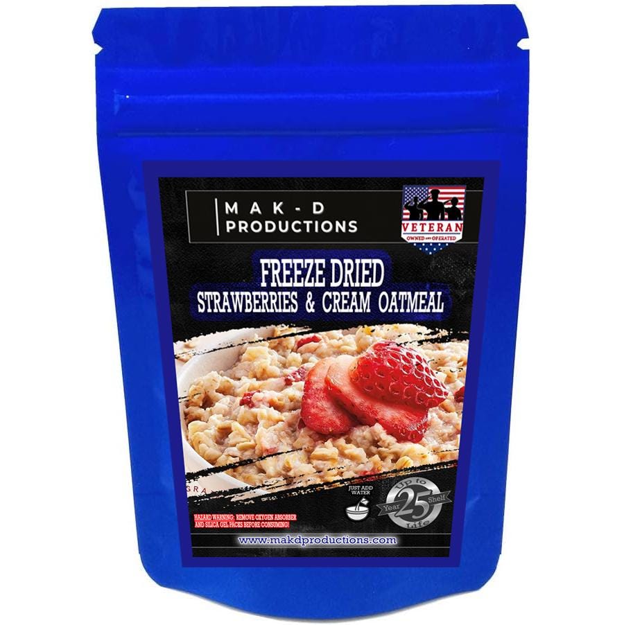 MAK D Productions Strawberries and Cream Oatmeal Freeze Dried Meal Camping Hunting Preppers Kayaking Backpacking Hiking Breakfast Bag Food